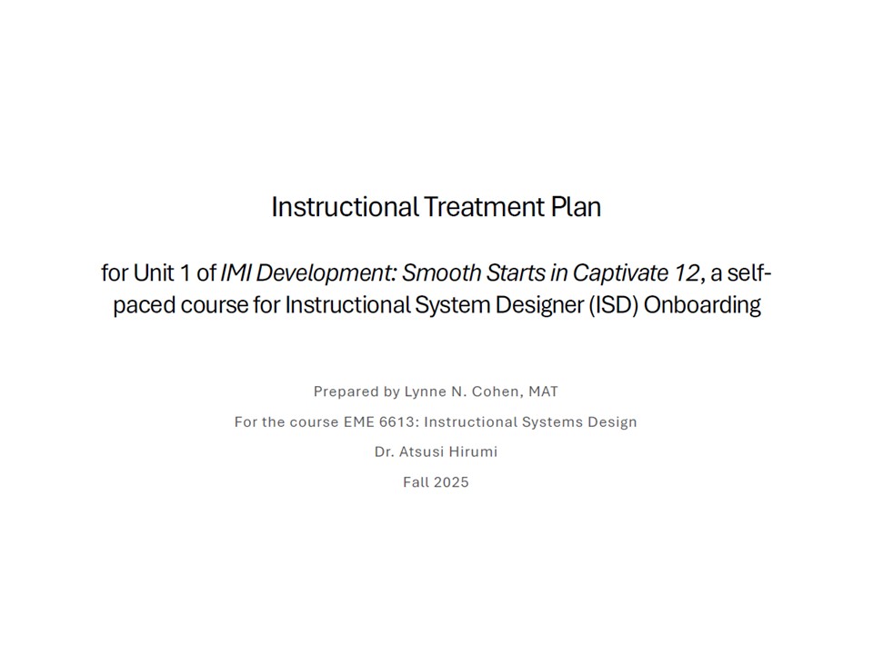 Title page of an instructional design artifact (Instructional Treatment Plan) from the Captivate onboarding course package.
