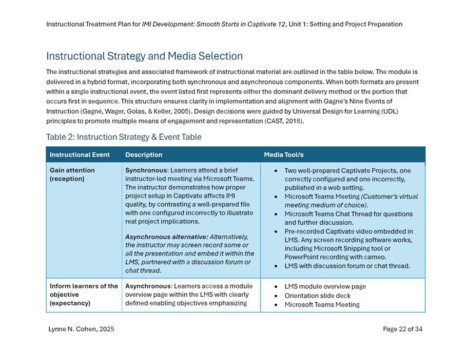 Screenshot of the first page of Instructional Strategy for Unit 1 of the Captivate onboarding course package, available under the artifact 'Instructional Treatment Plan'.