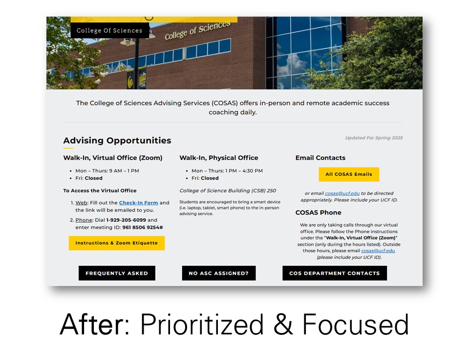 'After' Screenshot of Advising Front Page, with the highest-priority information organized front and center, with clear, bold action buttons.