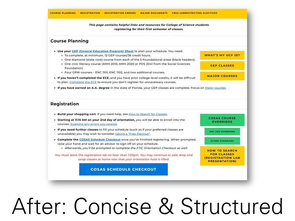 'After' Screenshot of Orientation Website, structured for high-need information throughout the day.
