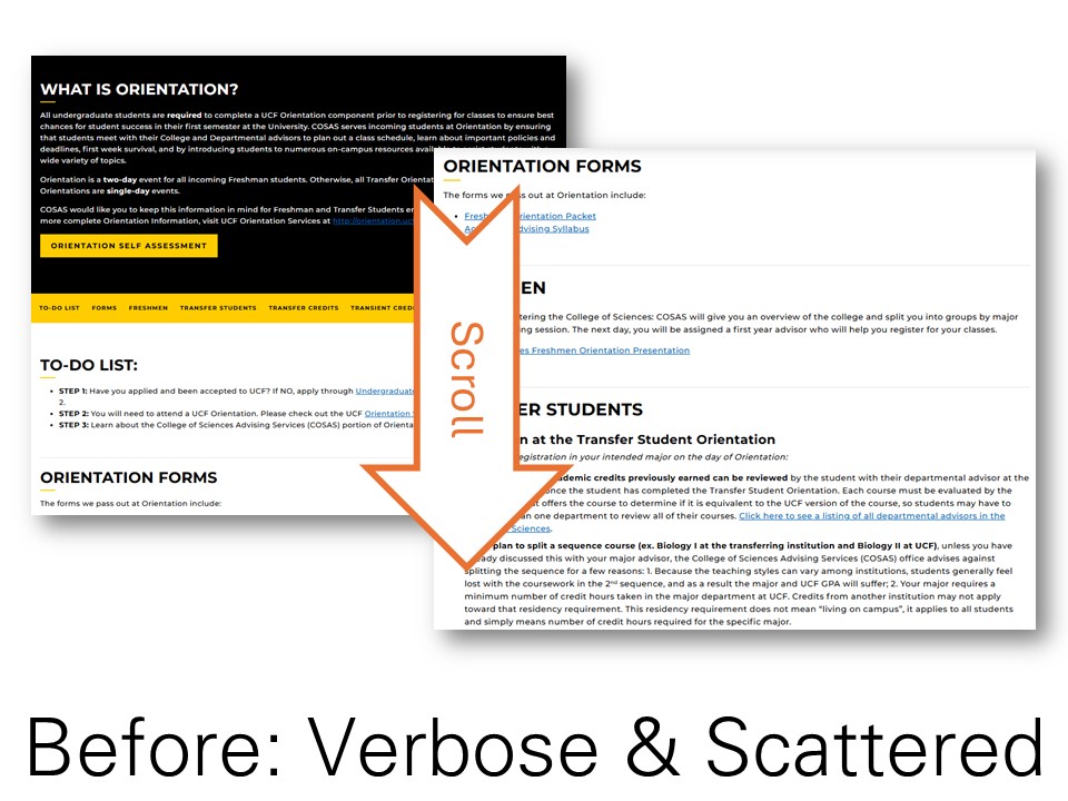'Before' Screenshot of Orientation Website, overly verbose and unstructured.